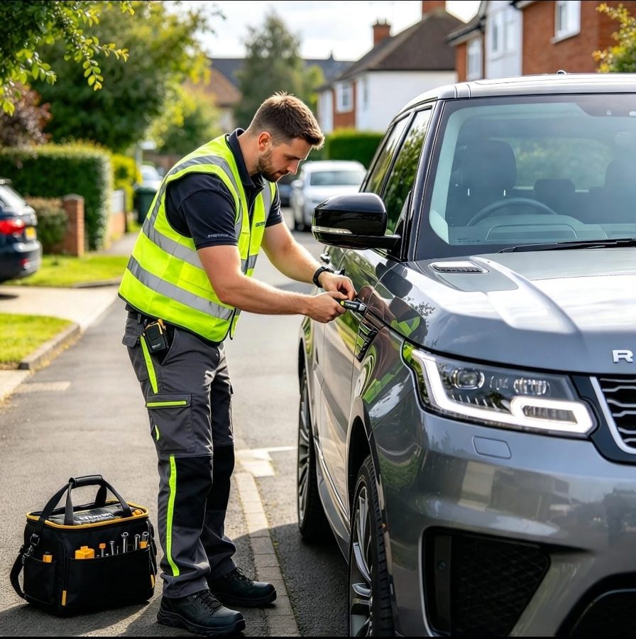 Auto locksmith opening a car door on a street in Bedfordshire